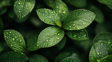 Fresh Green Leaves with Dew Drops