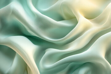Fototapeta premium A serene abstract background with flowing 3D silk fabric in gradient shades of seafoam green to ivory. The fabricâ€™s soft waves create a tranquil, soothing effect.