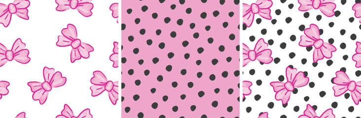 Cute seamless bow pattern with polka dots. Hand drawn illustration. Pretty, fun vector doodle for fabric, fashion, girls, teens, paper, card, gift. pink black and white