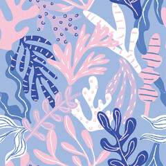 Seaweed seamless pattern hand drawn vector coral,  reef, kelp, plants, sea, marine botanical texture, girly artwork for fashion, swimwear, kids, teens, girls, stationary and paper. Fun and cute blue