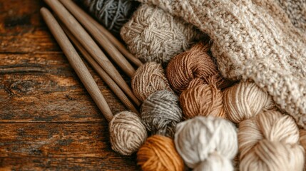   A yarn and knitting needle pile on a wooden table with adjacent stacks of needles