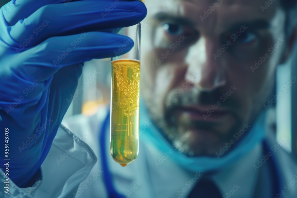 Poster A scientist holds a test tube in a laboratory setting, ready for experimentation