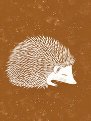 A white line drawing of a hedgehog curled up in a ball, set against a warm autumnal brown background with a slight, earthy texture. The spiky outline of the hedgehog is beautifully captured in