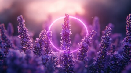 Fototapeta premium Lavender Fields with Neon Circle