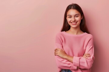 Obraz premium A young woman poses confidently with her arms crossed, wearing a pink sweater and jeans