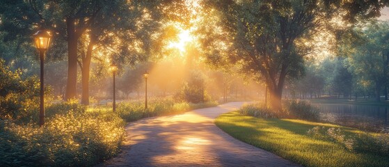 Obraz premium Sunlit Pathway Through a Foggy Forest Park