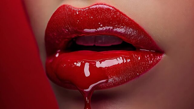 crimson paint dropping from the lips and crimson liquid falling onto the mouth of the stunning model girl. Lipstick