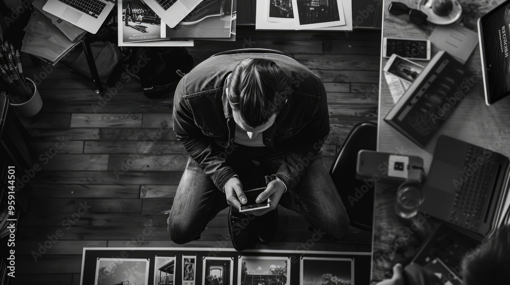 Poster a person sitting on the floor looking at their mobile device, possibly texting or browsing