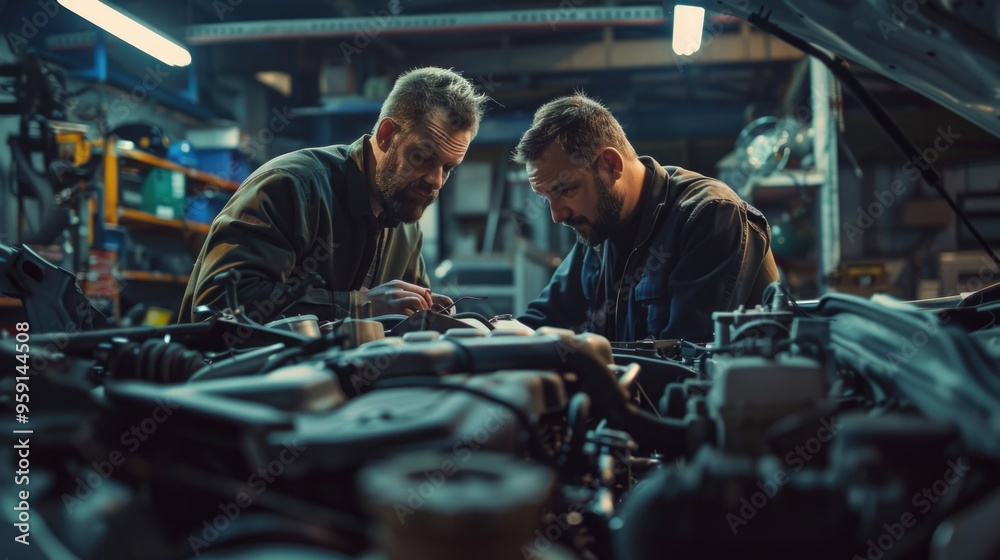 Poster two mechanics working together in a well-lit garage, surrounded by tools and machinery
