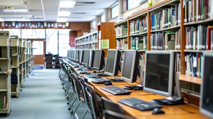 A school library with rows of computers on desks for student use.