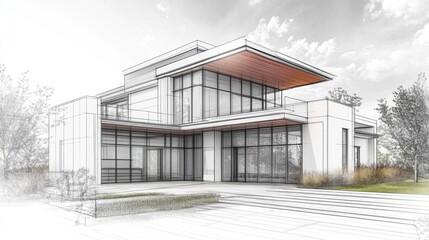 Line art illustration of a house featuring an architectural design accompanied by a 3D rendering