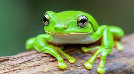 A close up of a green frog sitting on top of a branch, AI