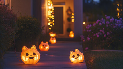 Fototapeta premium A row of Halloween pumpkins are lit up on a sidewalk