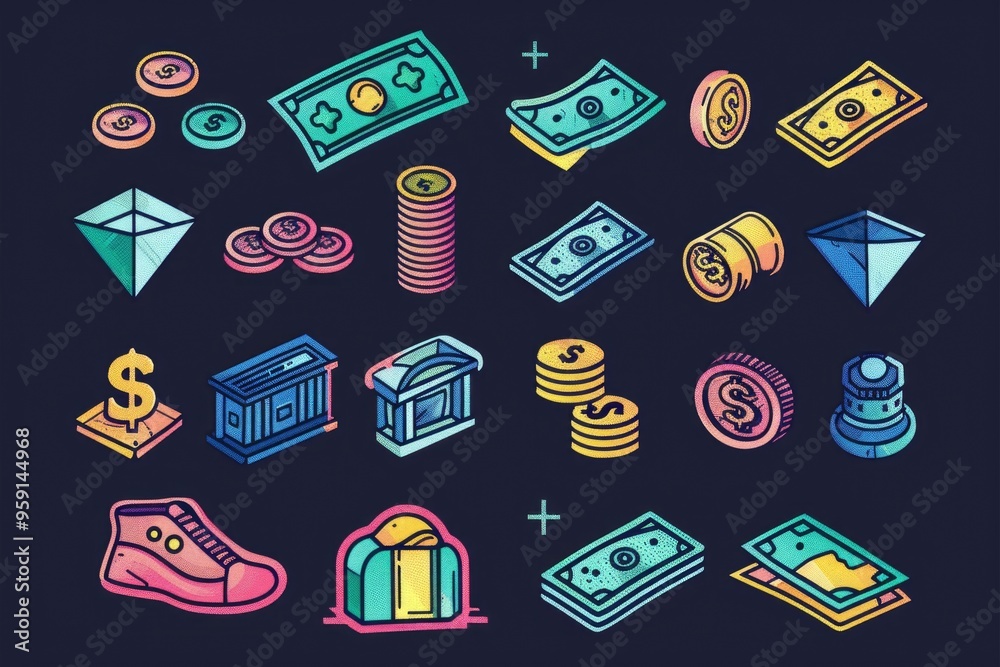 Poster A collection of colorful icons against a dark background, perfect for use in presentations or designs where a pop of color is needed