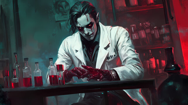 A vampire running a blood bank a professional vampire in a lab coat managing donations in a gothic themed clinic. Gothic. Illustration
