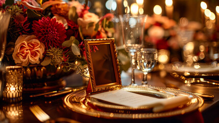 Fototapeta premium A lavish dining arrangement features a beautifully dressed table with floral centerpieces, flickering candlelight, and a personalized place setting.