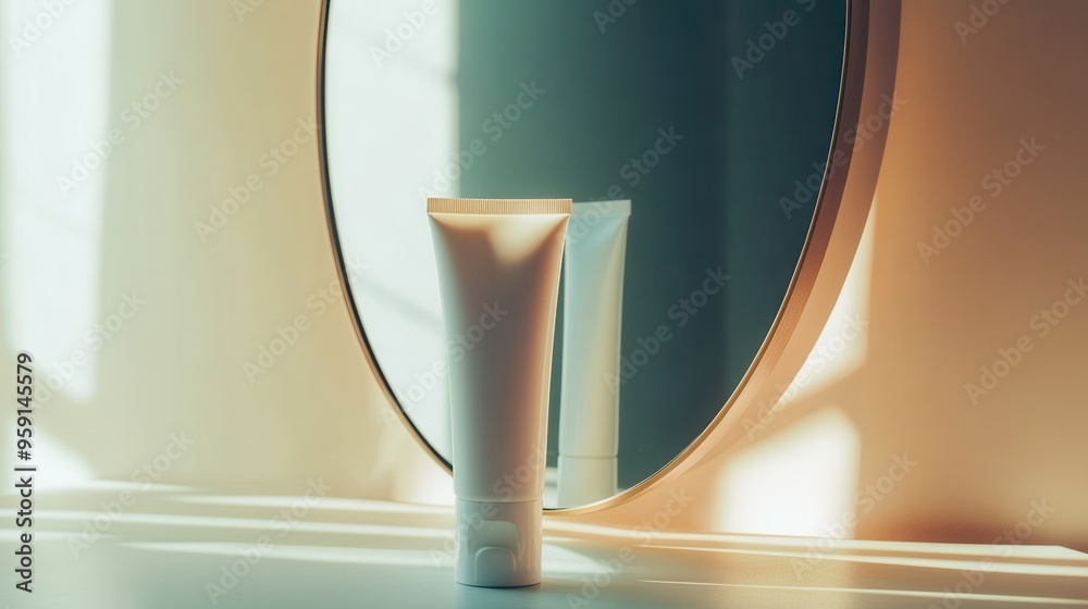 Poster a tube of cream stands on a counter, its reflection visible in a round mirror, illuminated by gentle