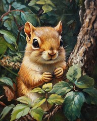 Detailed oil painting featuring a close up of an adorable golden mantled squirrel in a lush forest setting