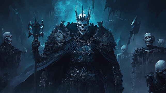 A ghastly lich king, surrounded by dark magic and skeletal minions, character design, concept art, video games