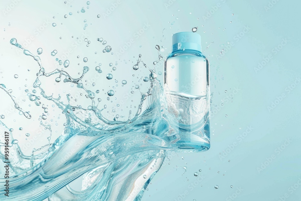 Poster a close-up view of a water bottle with a splash of water on the surface, great for use in outdoor or