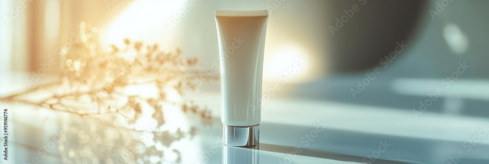 Poster A tube of cream is placed on a reflective surface, capturing sunlight and creating a tranquil, calming ambiance in the space. Generative AI