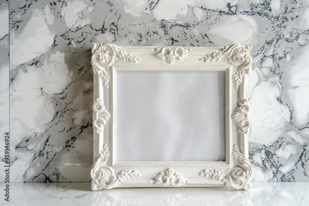 Poster a picture frame sits on top of a marble countertop, providing a decorative spot for displaying memor