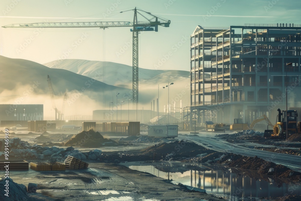 Poster A construction site scene with a crane in the background, suitable for use in architecture or industry-related projects