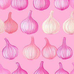 Onion seamless pattern. Colors of pink and ivory, light pink background