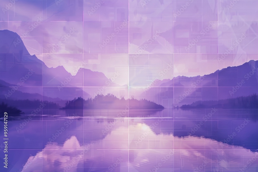 Poster a serene lake scene with mountains visible in the background