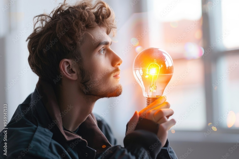 Poster a person holding a light bulb in their hand, suitable for use as an illustration or design element