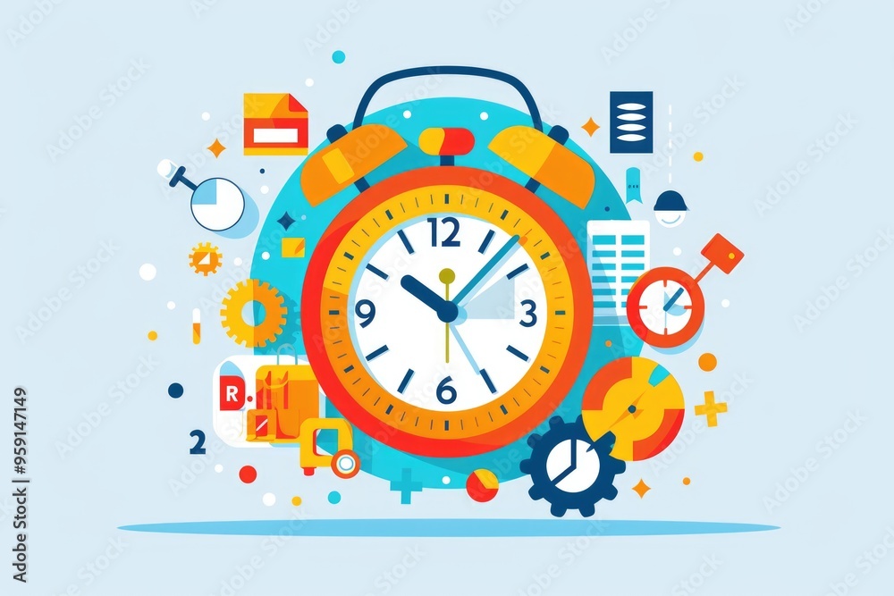 Poster An alarm clock surrounded by various icons and symbols