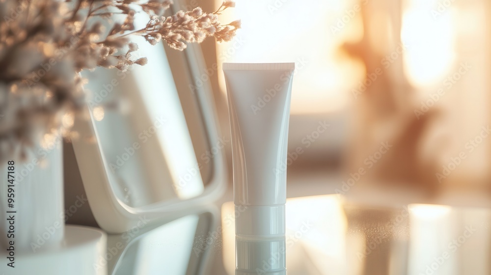 Aufkleber a tube of cream is placed on a vanity while reflecting in the mirror, illuminated by gentle morning 