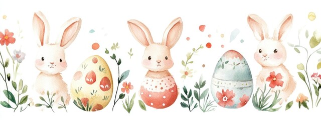 Fototapeta premium Charming Watercolor Illustration of Easter Bunnies Surrounded by Colorful Eggs and Spring Flowers