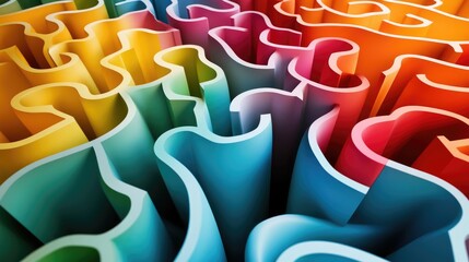 Obraz premium Dynamic color folded paper effect creating a complex 3D maze, set against a white background, for a striking abstract visual