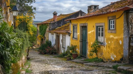 Naklejka premium A traditional cobblestone street in a quaint small town with old buildings and rustic charm