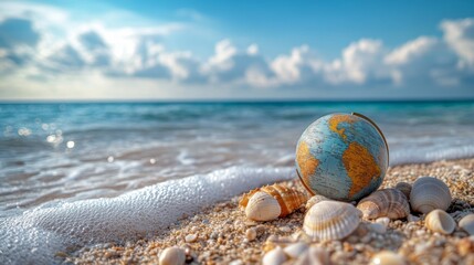 Globe on Sandy Beach with Shells
