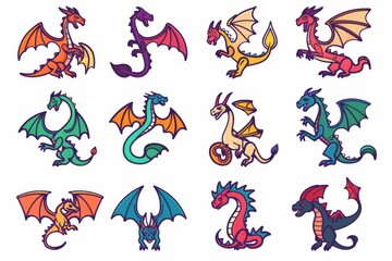 Naklejka premium Dragons icon silhouette, dino, wyvern symbols, dinosaurs isolated, mythical monster, minimal flat tattoo