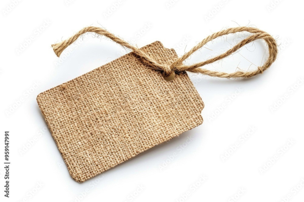 Poster a simple tag tied to a white surface, suitable for various uses such as labels or decorations