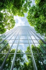 
A tall glass building surrounded by lush green trees, reflecting the surrounding nature and creating an eco-friendly atmosphere. A low angle shot captures its towering presence from below