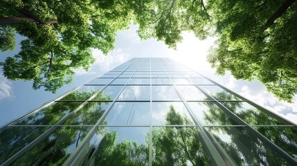 
A tall glass building surrounded by lush green trees, reflecting the surrounding nature and creating an eco-friendly atmosphere. A low angle shot captures its towering presence from below