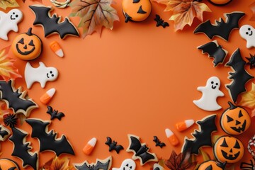Cookies decorated with Halloween themes arranged in a circle on an orange background, perfect for holiday parties or decorations