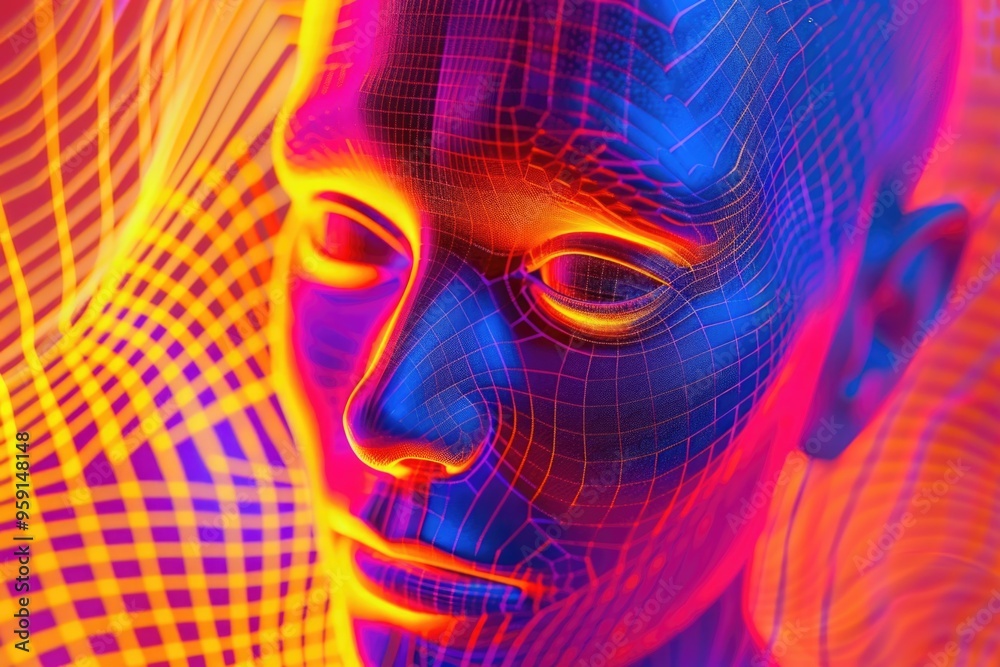 Poster A person's face covered by a grid pattern, useful for representing data or technology themes