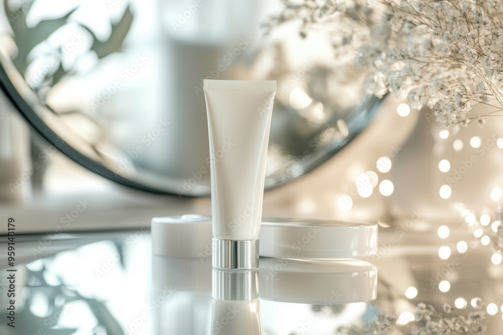 Aufkleber a cream tube stands prominently, reflecting in a mirror while surrounded by soft lighting and minima