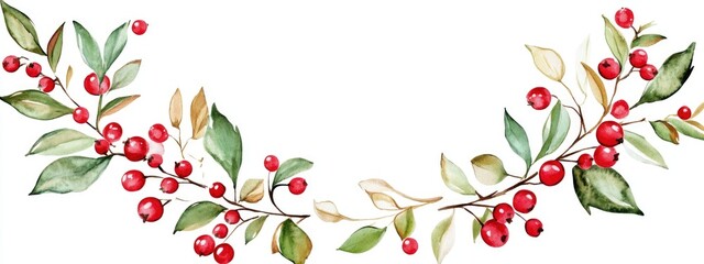 Fototapeta premium Charming Watercolor Illustration of Berry Branches and Green Leaves for Vibrant Home Decor