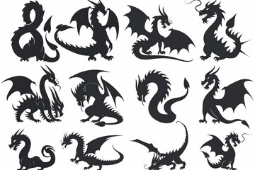 Obraz premium Dragons icon silhouette, dino, wyvern symbols, dinosaurs isolated, mythical monster, minimal flat tattoo