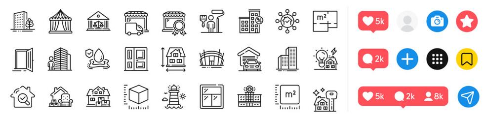 Agent, Window and House dimension line icons pack. Social media icons. Open door, Entrance, Painter web icon. Loan house, Hospital building, Home facility pictogram. Vector