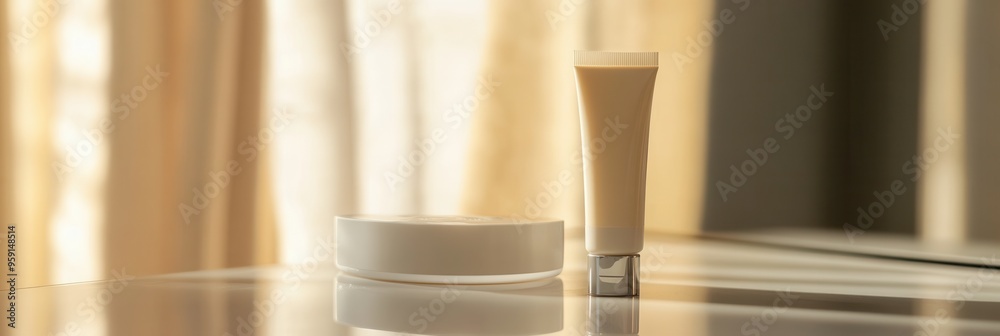 Poster a tube of cream stands beside a round container, reflecting soft light from a nearby window in a war