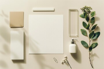 A still life image featuring a plant, a bottle of lotion, and a picture frame on a table