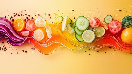   Arranged wavy line of fruits and veggies on yellow-orange background with sprinkles