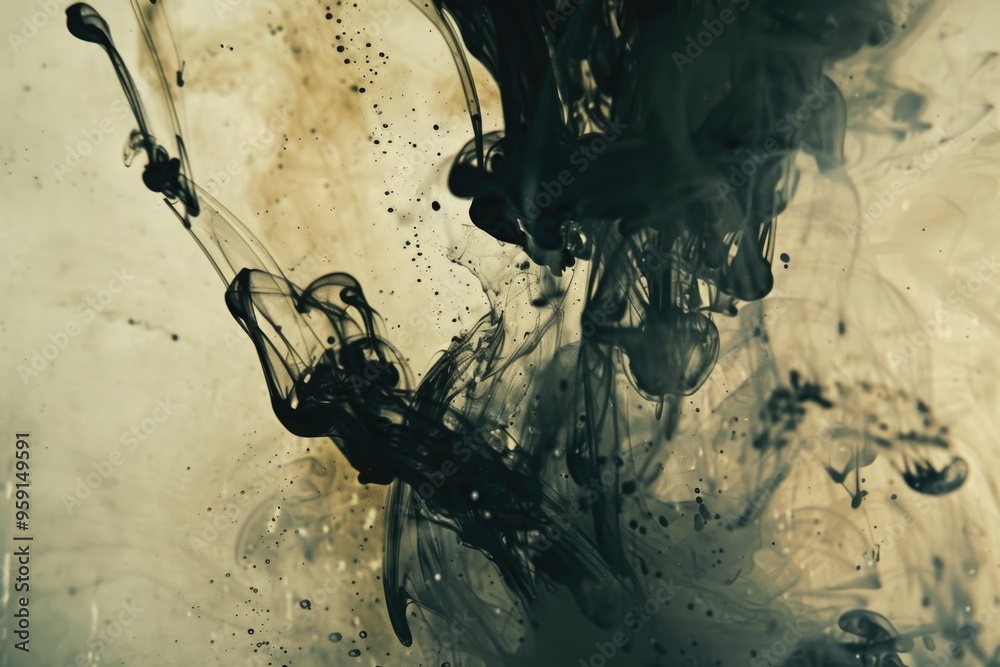 Poster a black and white photograph of ink dispersing in water, showcasing the intricate patterns and shape